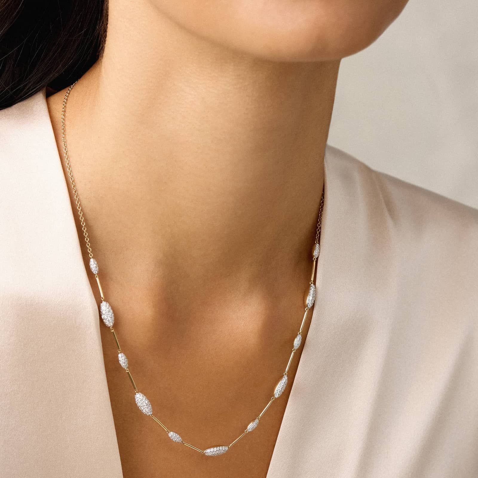 Modern Pave Half Station Necklace in 14K Yellow Gold With Diamonds