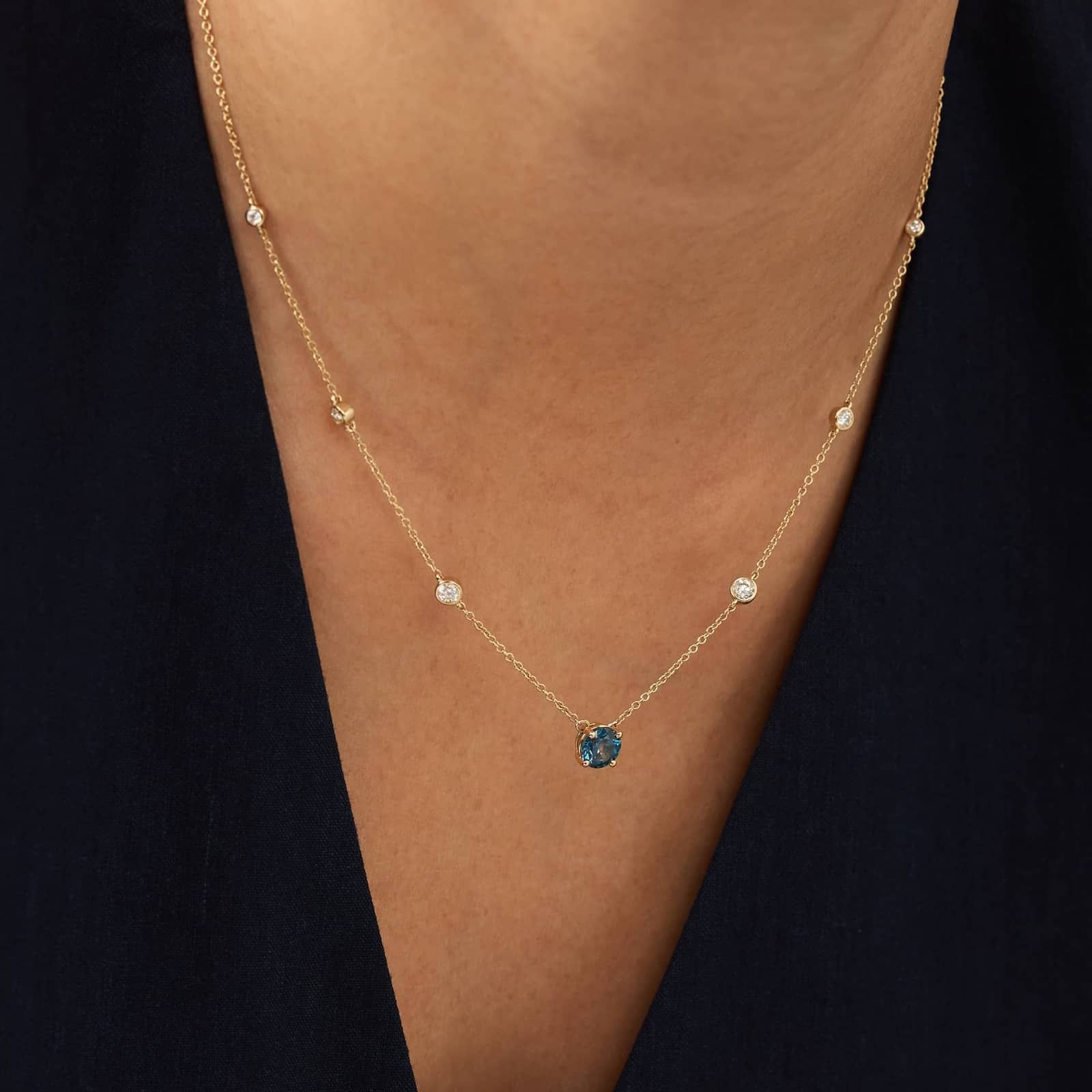 Montana Sapphire & Round Diamond Bezel & Prong Station Necklace in 14K Yellow Gold