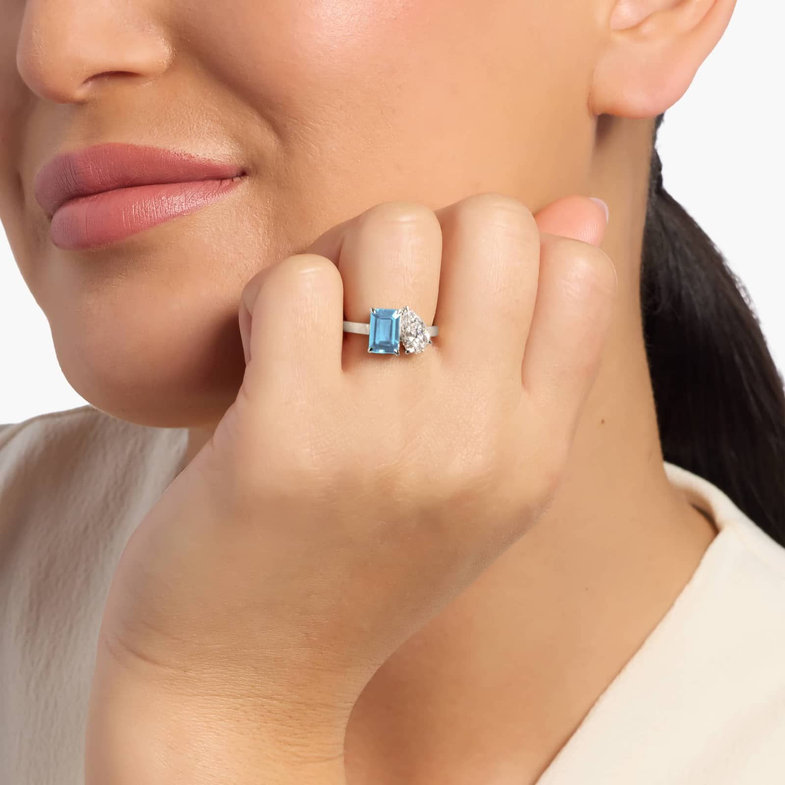 Lab Grown Diamond and Blue Topaz Two Stone Ring in 14k White Gold