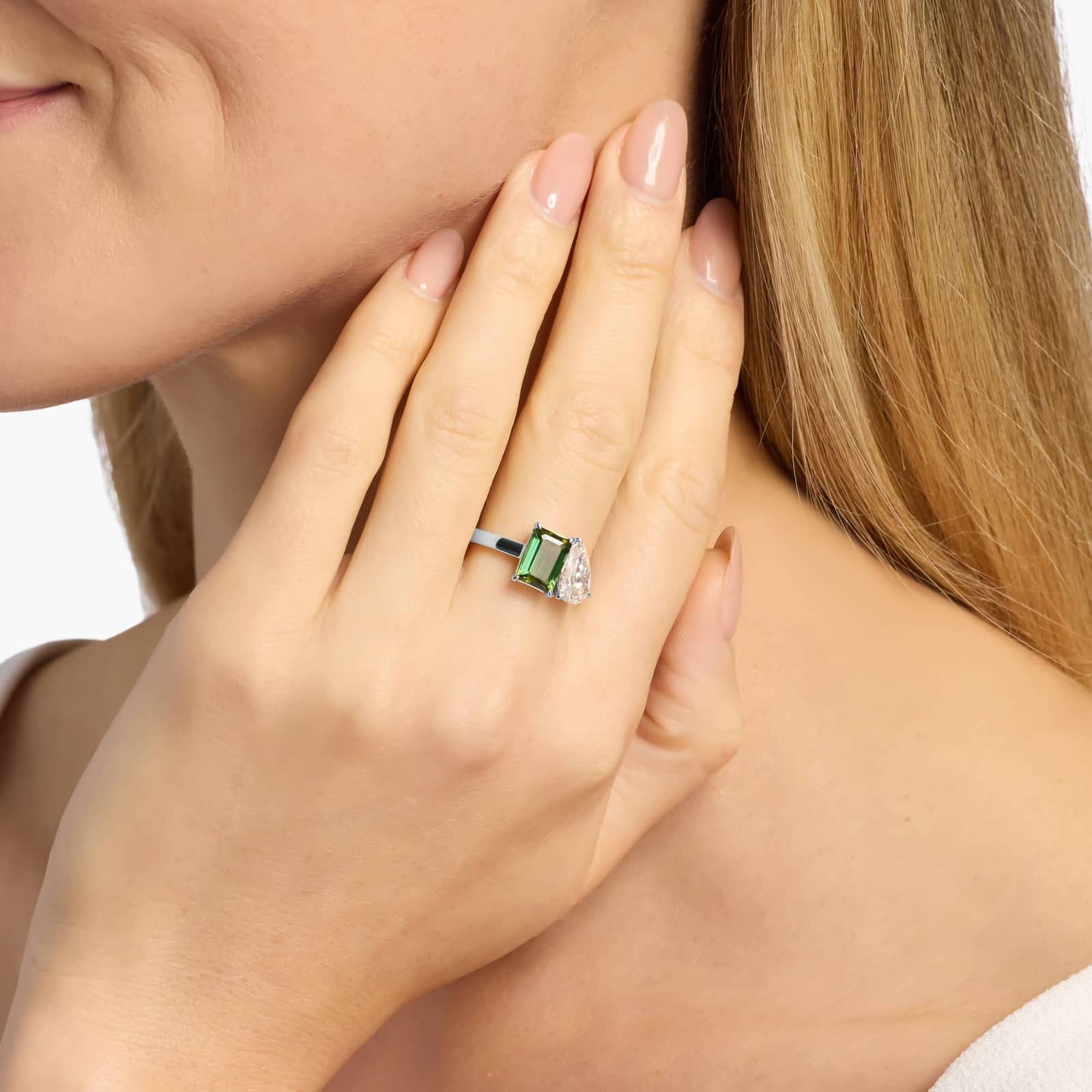 Lab Grown Diamond and Tourmaline Two Stone Ring in 14k White Gold