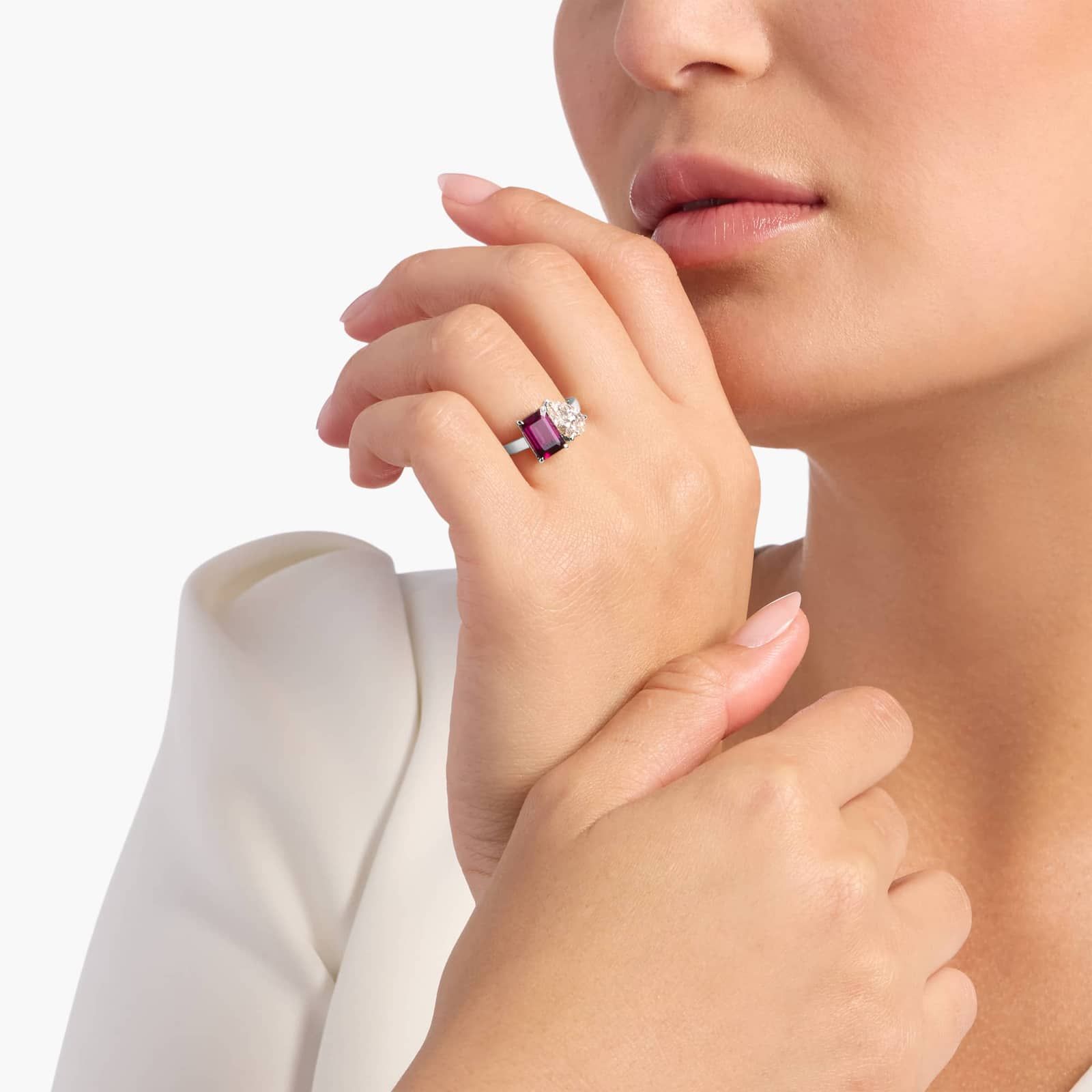 Lab Grown Diamond and Rhodolite Two Stone Toi Et Moi Ring in 14k White Gold