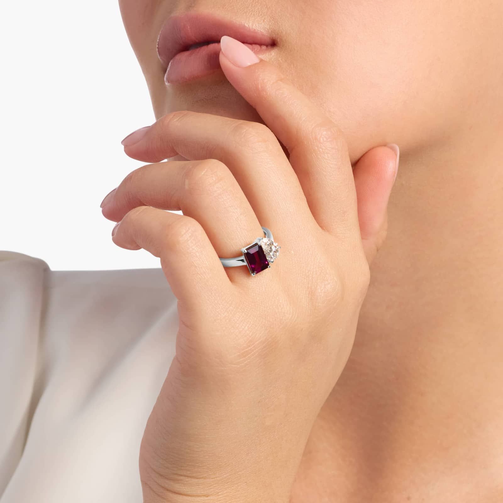 Lab Grown Diamond and Rhodolite Two Stone Toi Et Moi Ring in 14k White Gold