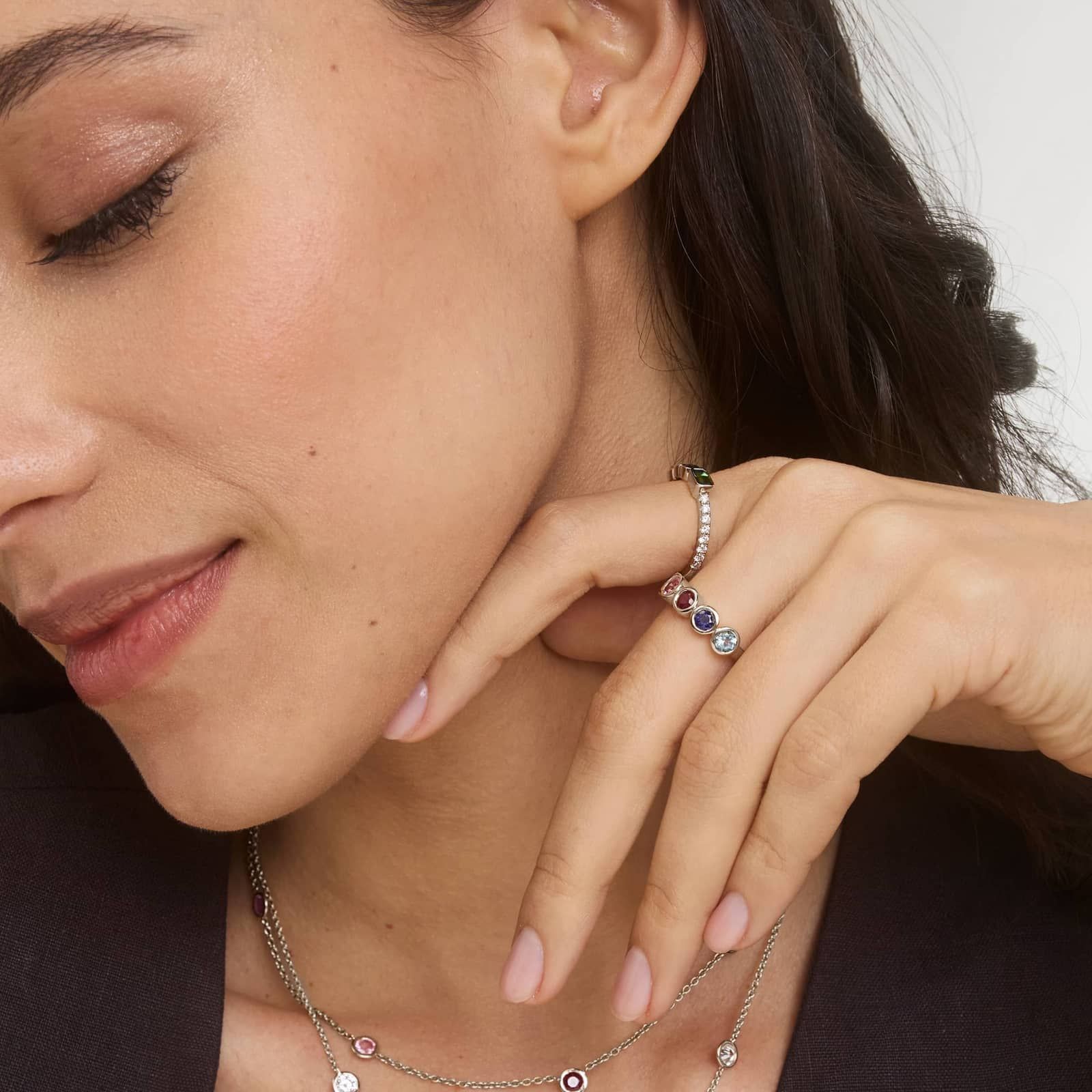 Personalized Emerald And Round Cut Two Birthstone Ring With Lab-Grown Diamonds In 14K White Gold