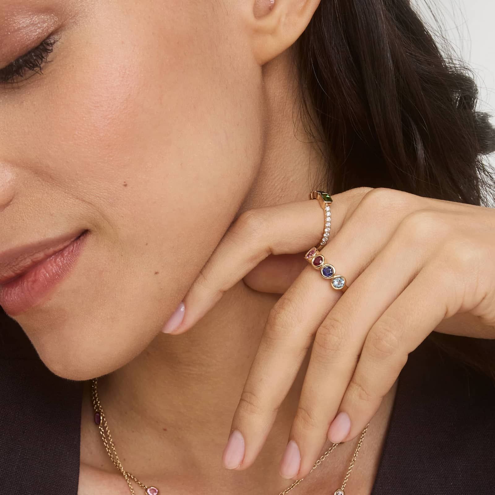 Personalized Emerald And Round Cut Four Birthstone Ring With Lab-Grown Diamonds In 14K Yellow Gold