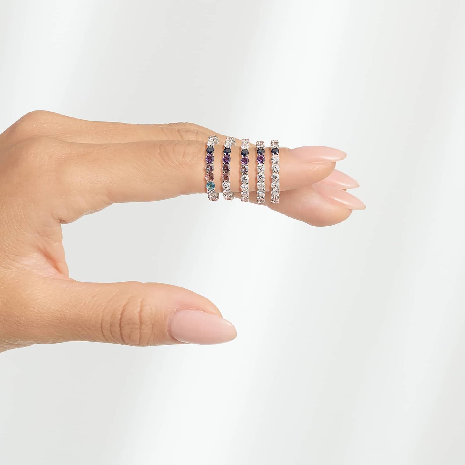 Personalized Round Cut Single Birthstone Trellis Eternity Ring With Lab-Grown Diamonds In 14K White Gold