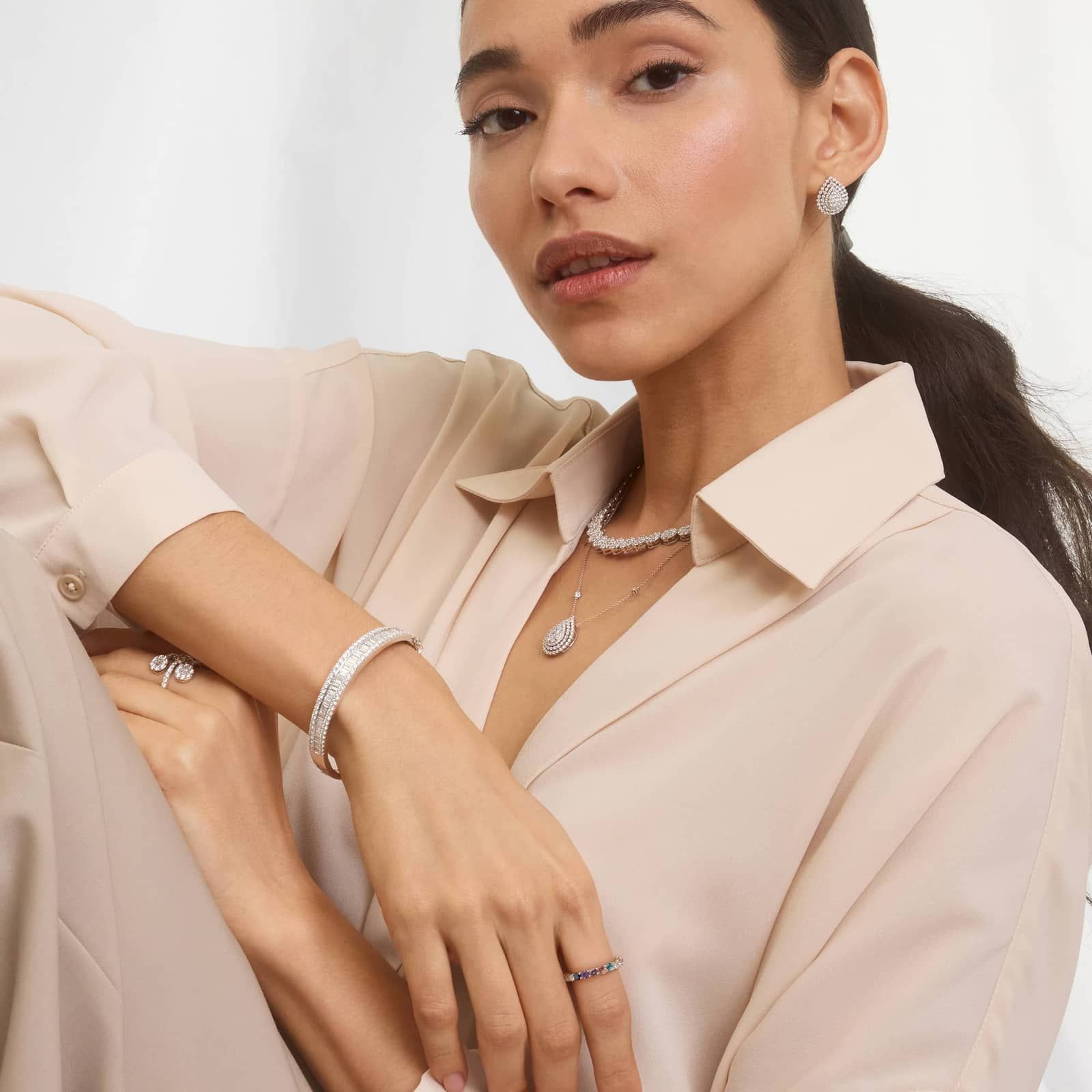 Personalized Round Cut Four Birthstone Trellis Eternity Ring With Lab-Grown Diamonds In 14K White Gold