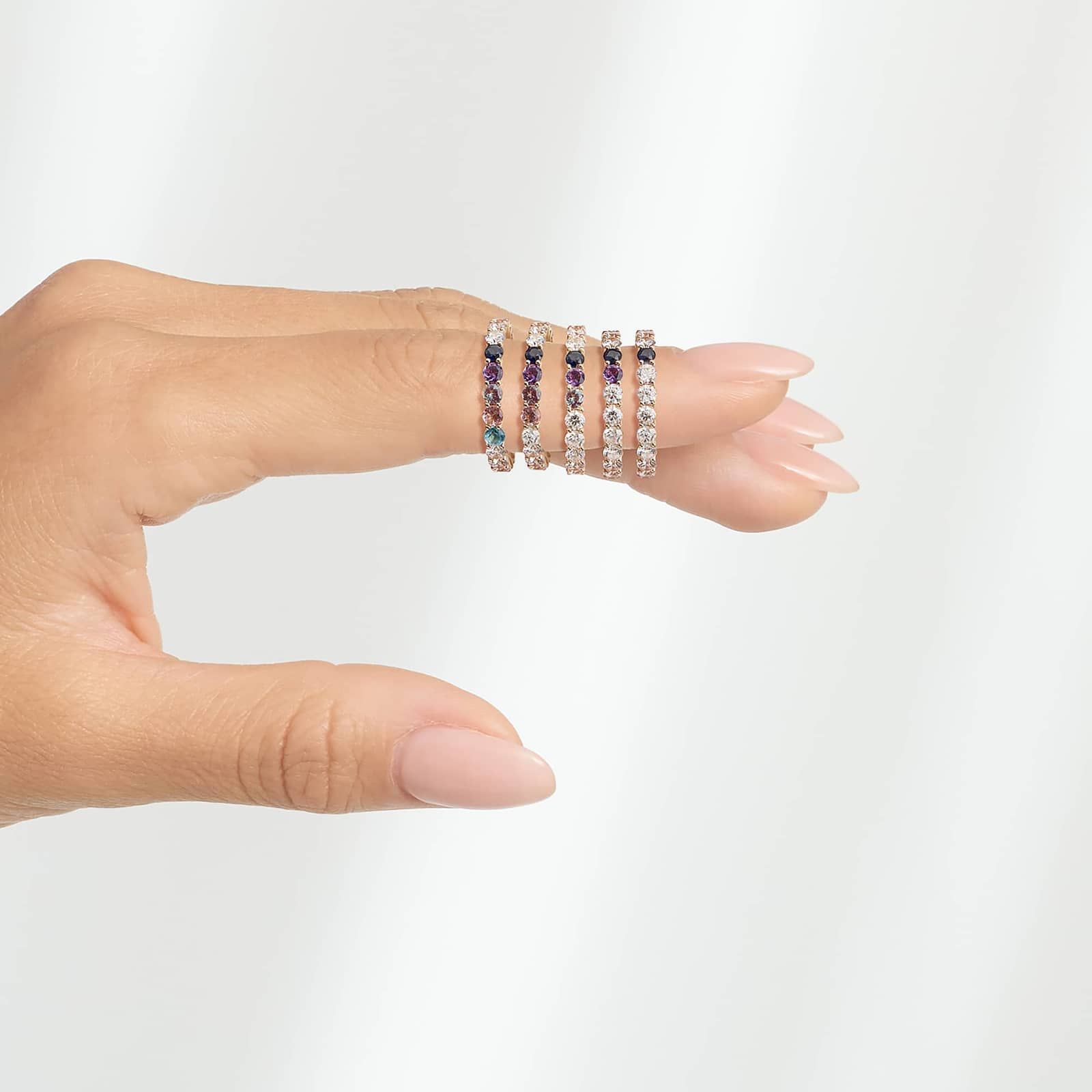 Personalized Round Cut Three Birthstone Trellis Eternity Ring With Lab-Grown Diamonds In 14K Yellow Gold