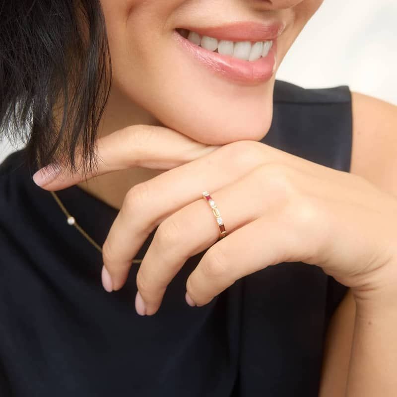 Personalized Baguette And Round Cut Two Birthstone Ring With Lab-Grown Diamonds In 14K Yellow Gold