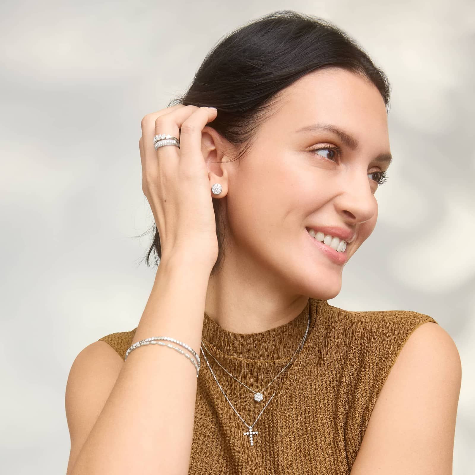 Three Row Diamond Ring with 1 CTW Round Cut Lab-Grown Diamonds in 14K White Gold