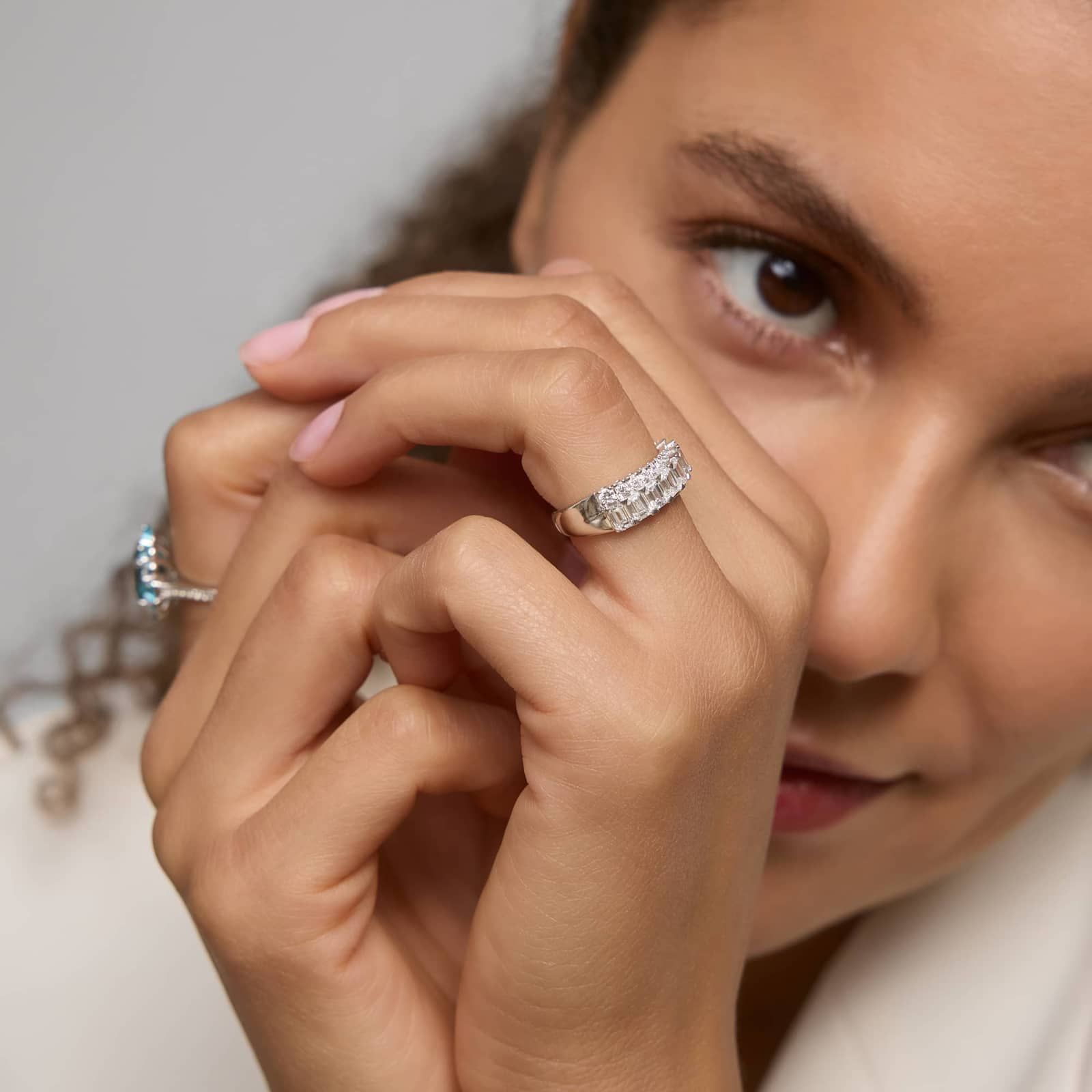 Diamond Crossover Ring with 2 CTW Emerald and Round Cut Lab-Grown Diamonds in 14K White Gold