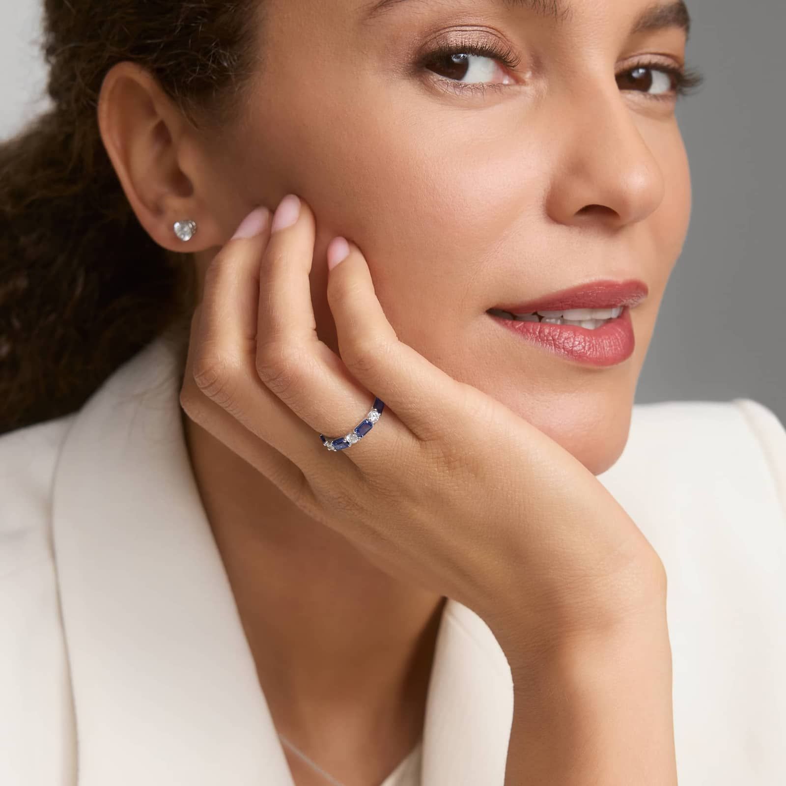 Emerald Cut Blue Sapphire and Diamond Ring in 14K White Gold