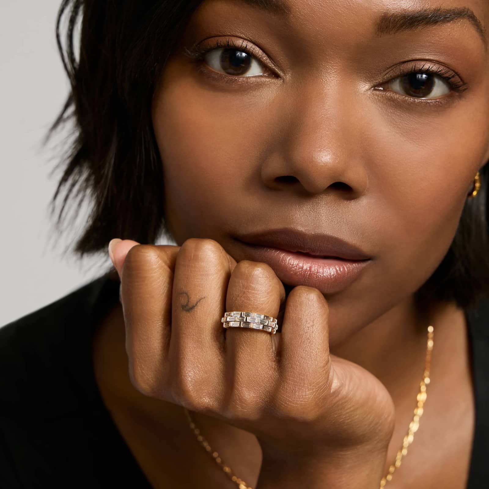 3 Row Baguette Cut Lab-Grown Diamond Ring 14K Yellow Gold