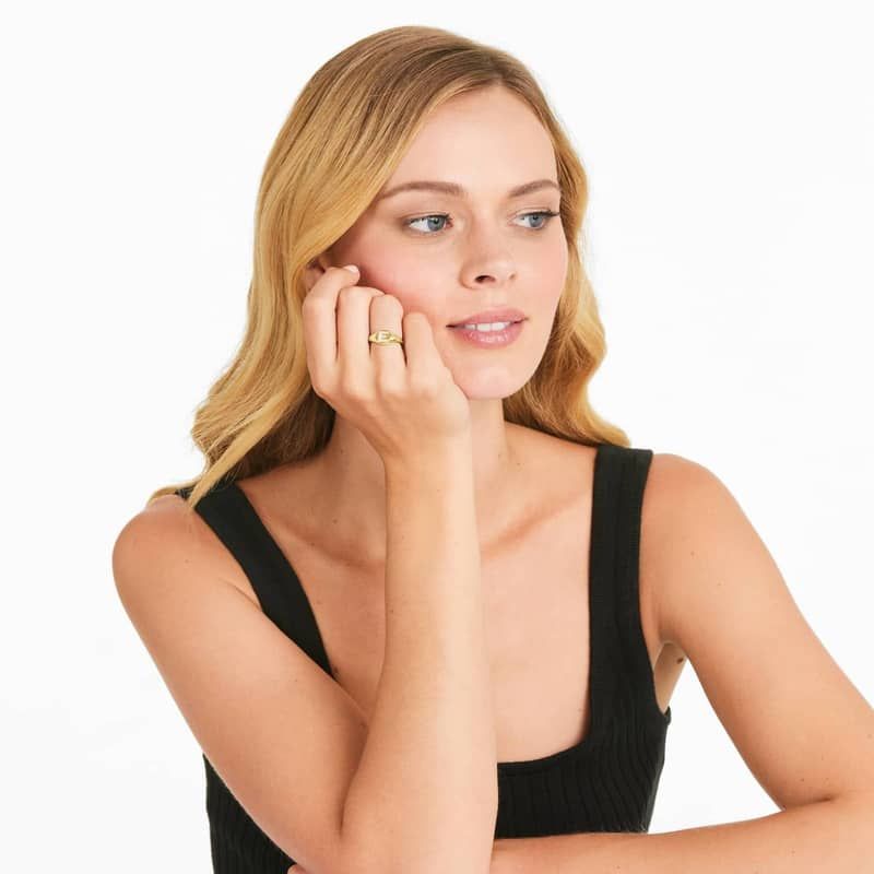 Diamond E Initial Signet Ring In 14K Yellow Gold