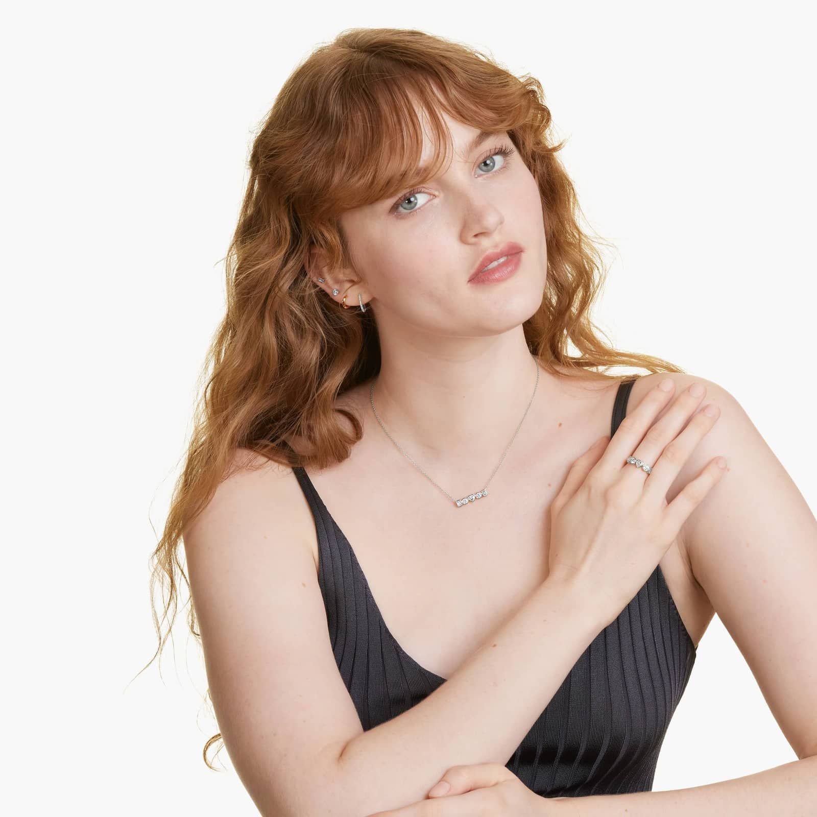 Fancy Bezel Emerald, Round And Heart Shaped Lab-Grown Diamond Ring In 14K White Gold