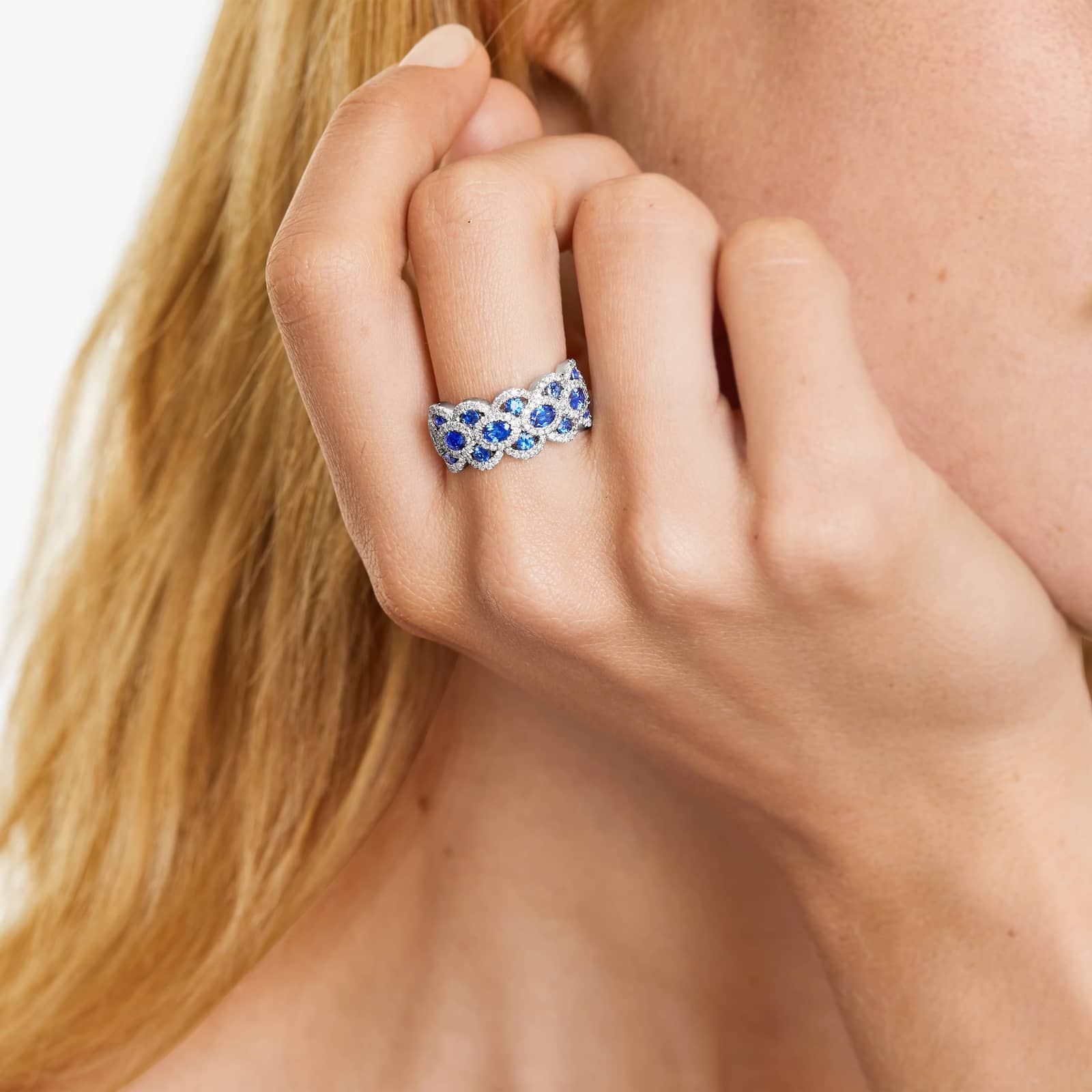 Wavy Sapphire And Diamond Ring In 14K White Gold