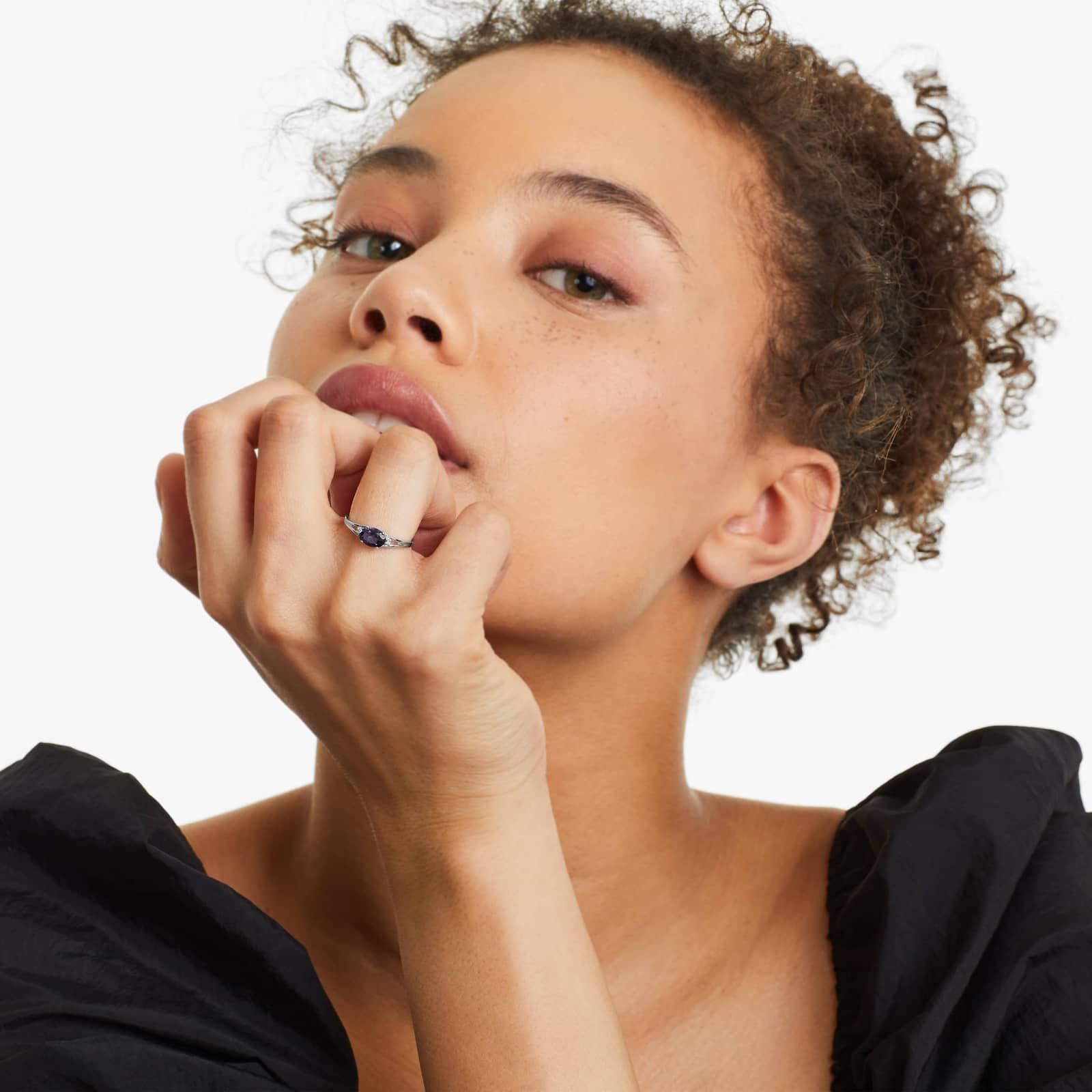 Oval Amethyst And Diamond Accent Birthstone Ring In 14K White Gold