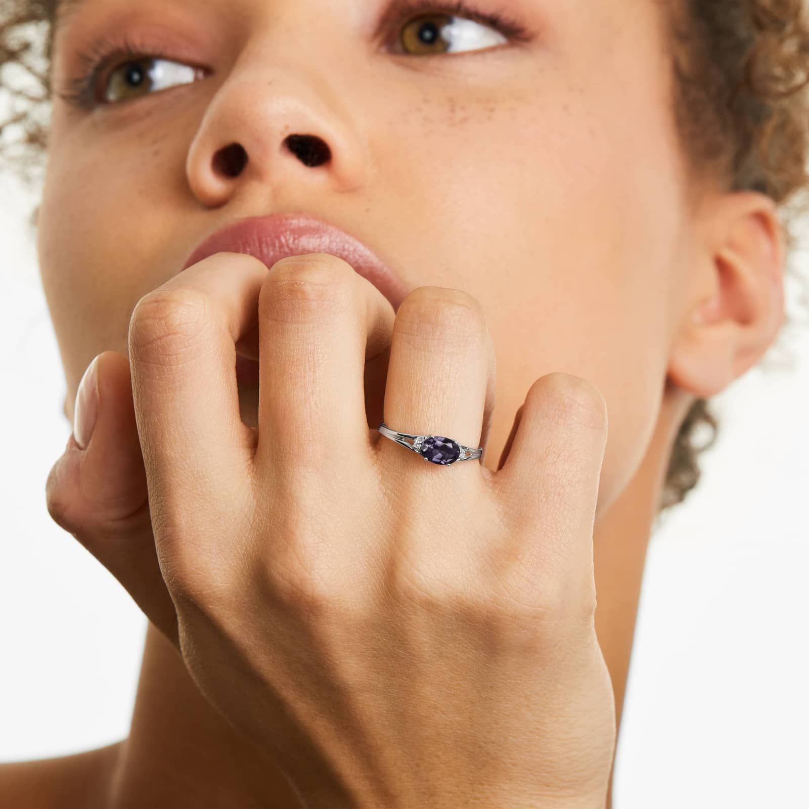 Oval Amethyst And Diamond Accent Birthstone Ring In 14K White Gold