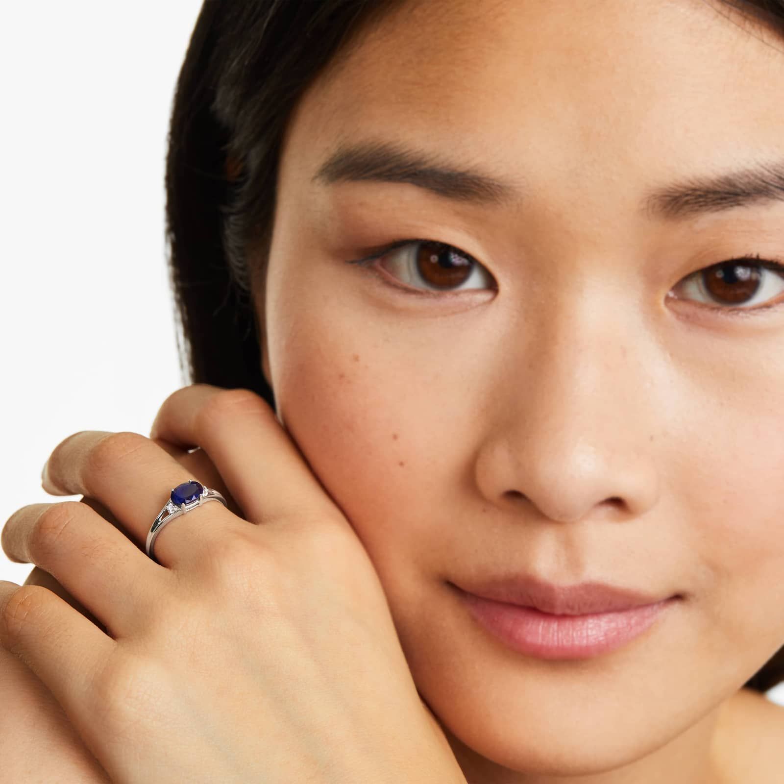 Oval Sapphire And Diamond Accent Birthstone Ring In 14K White Gold