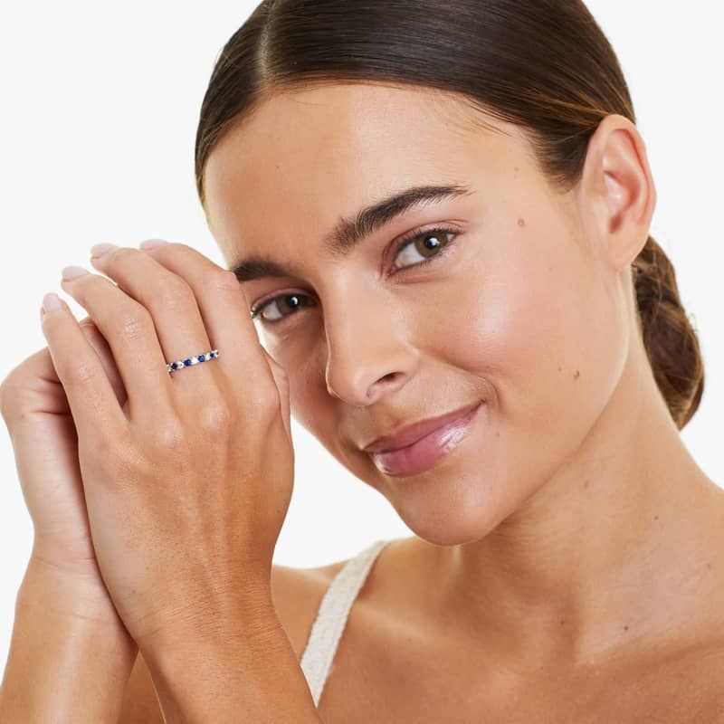 Shared Prong Contour Sapphire And Diamond Eternity Ring In 14K White Gold