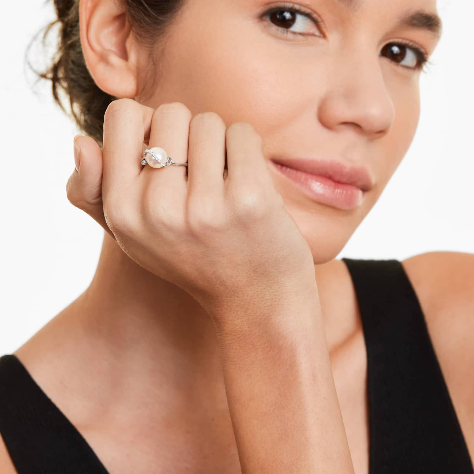 Freshwater Cultured Pearl And Diamond Vine Ring In 14K White Gold (9.0-9.5mm)