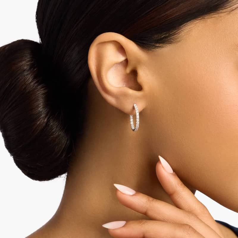 French Pavé Eternity Diamond Hoop Earrings in 14k White Gold (1 ct. tw.)