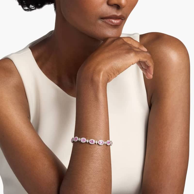 Extraordinary Collection: Pink Sapphire and Pavé Diamond Halo Bracelet in 18k White Gold (7x5mm)