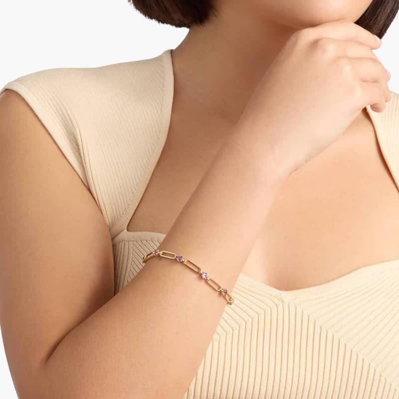 Round Amethyst Paperclip Bracelet in 14k Yellow Gold