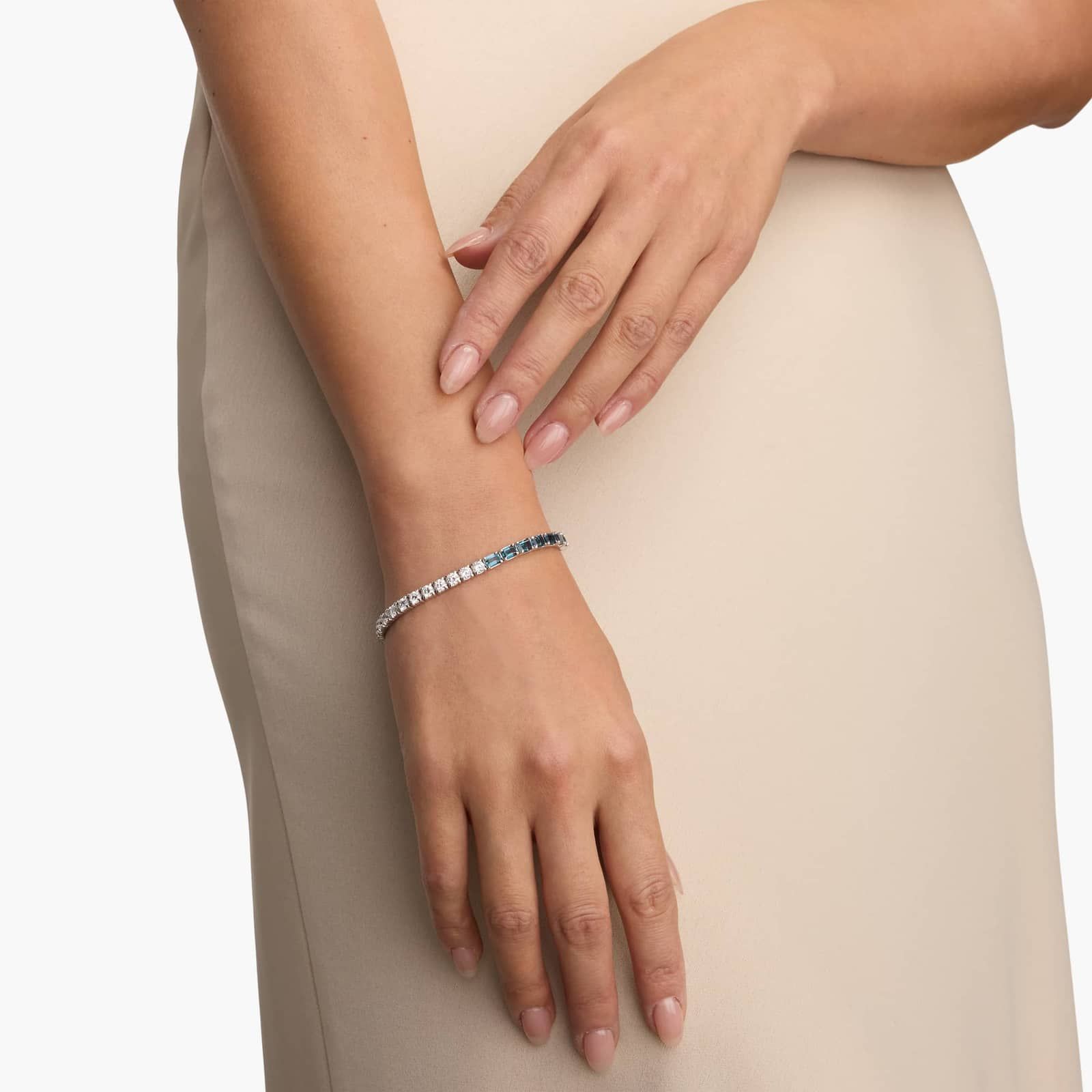 Round Diamond and Emerald Cut Blue Topaz Half and Half Tennis Bracelet in 14k White Gold