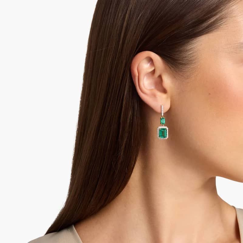 Extraordinary Collection: Emerald and Diamond Drop Earrings in 18k Yellow and White Gold (9x7mm)