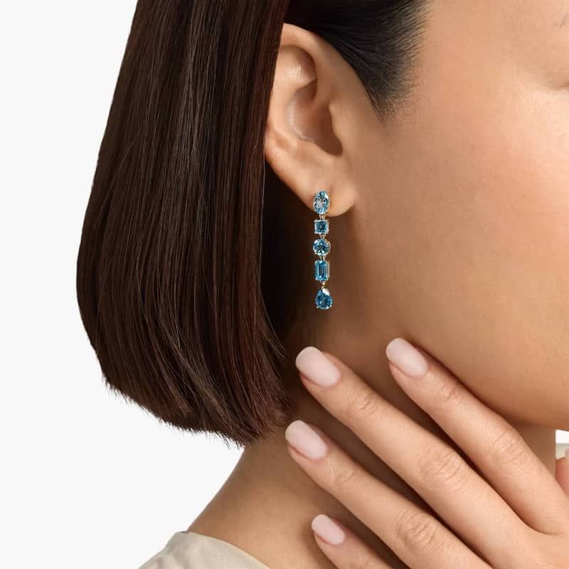 Mixed Shaped Blue Topaz Drop Earrings in 14k Yellow Gold