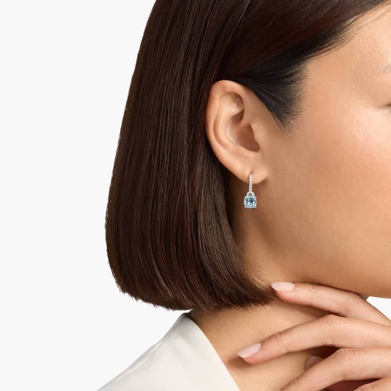 Aquamarine Cushion and Diamond Drop Earrings in 14k White Gold (7x7mm)