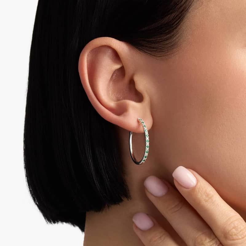 Emerald and Diamond Oval Hoop Earrings in 14k White Gold (1.4mm)
