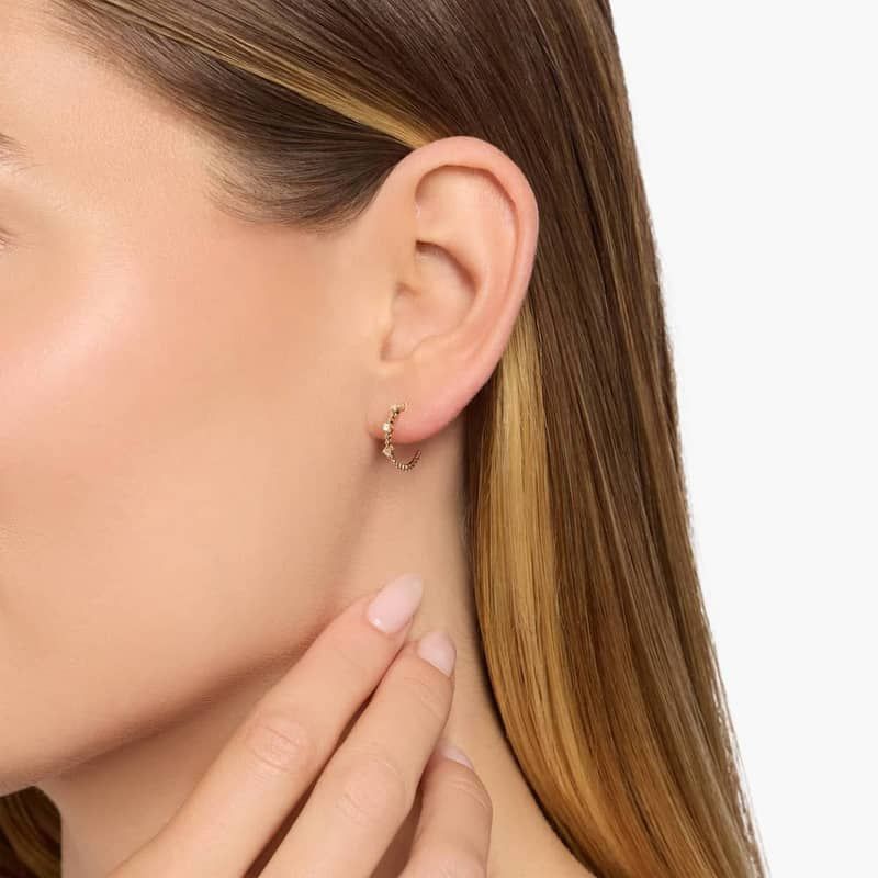 Mini Diamond Three-Stone Beaded Huggie Hoop Earrings in 14k Yellow Gold