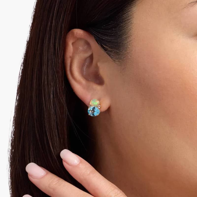 Opal and Swiss Blue Topaz Stud Earrings in 14k Yellow Gold