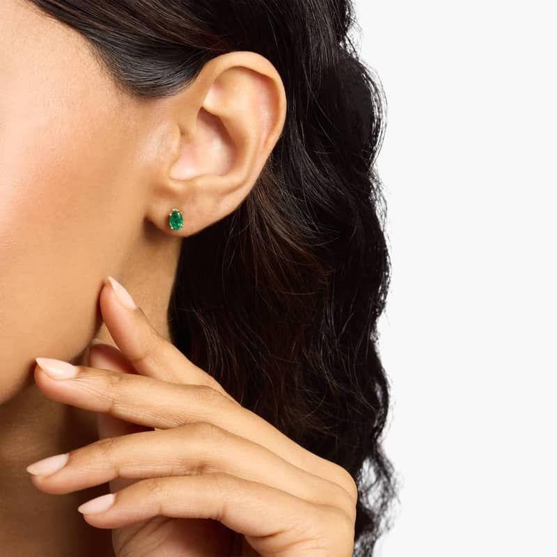 Oval Emerald and Diamond Earrings in 14k Yellow Gold (6x4mm)