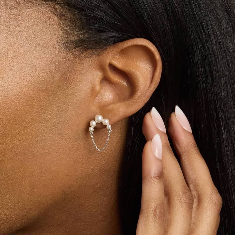 Graduated Freshwater Pearl Stud Earring with Half-Circle Chain in Sterling Silver