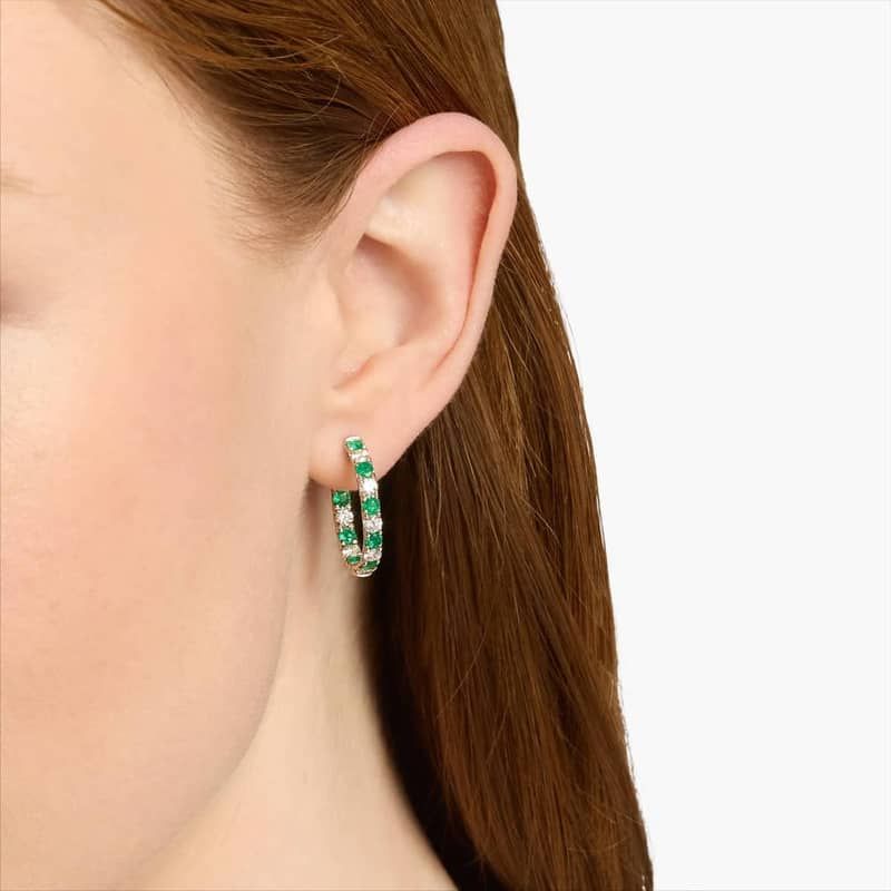 Alternating Emerald and Diamond French Pavé Hoop Earrings in 14k White Gold