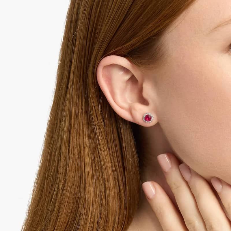 Ruby and Micropavé Diamond Halo Stud Earrings in 18k White Gold (5mm)