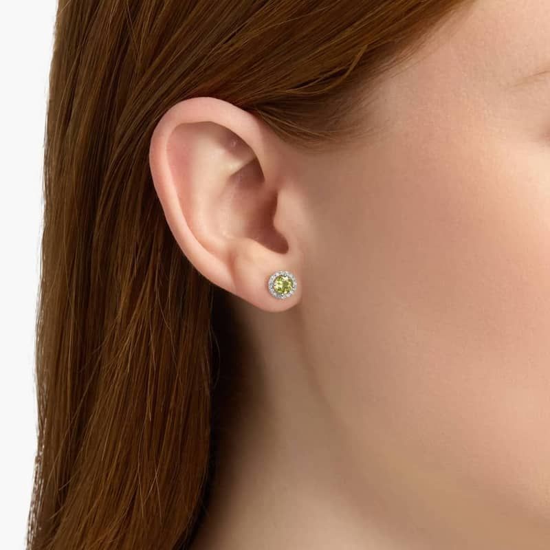 Peridot and Micropave Diamond Halo Earrings in 14k White Gold