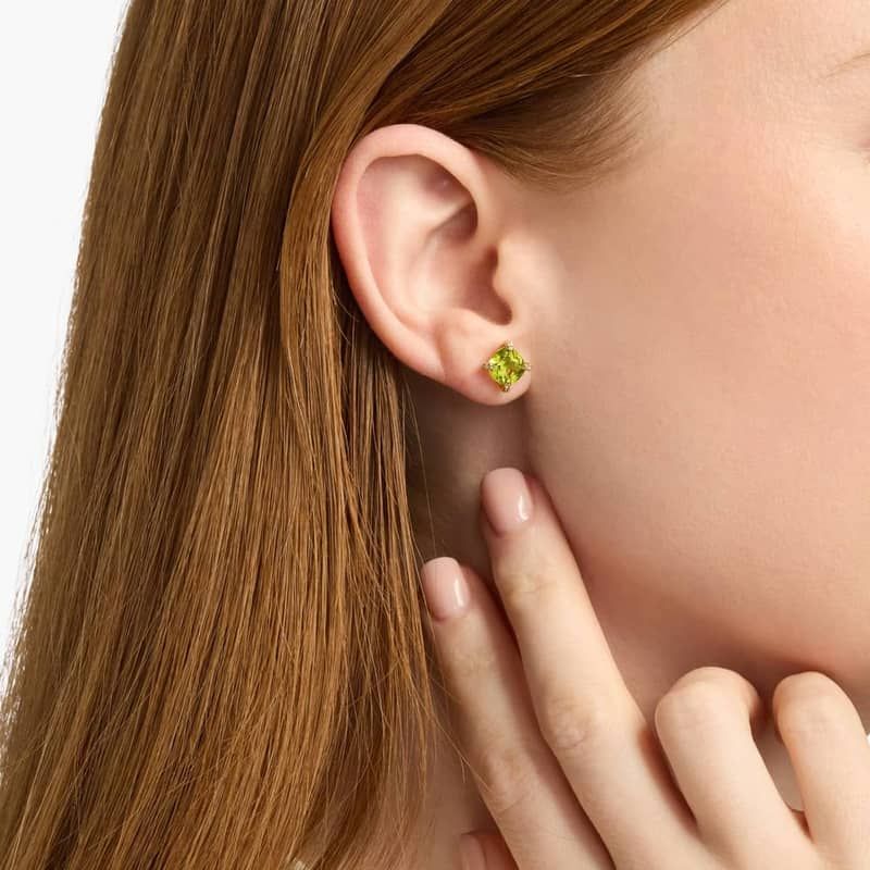 Cushion Cut Peridot and Diamond Accent Earrings in 14k Yellow Gold (7mm)