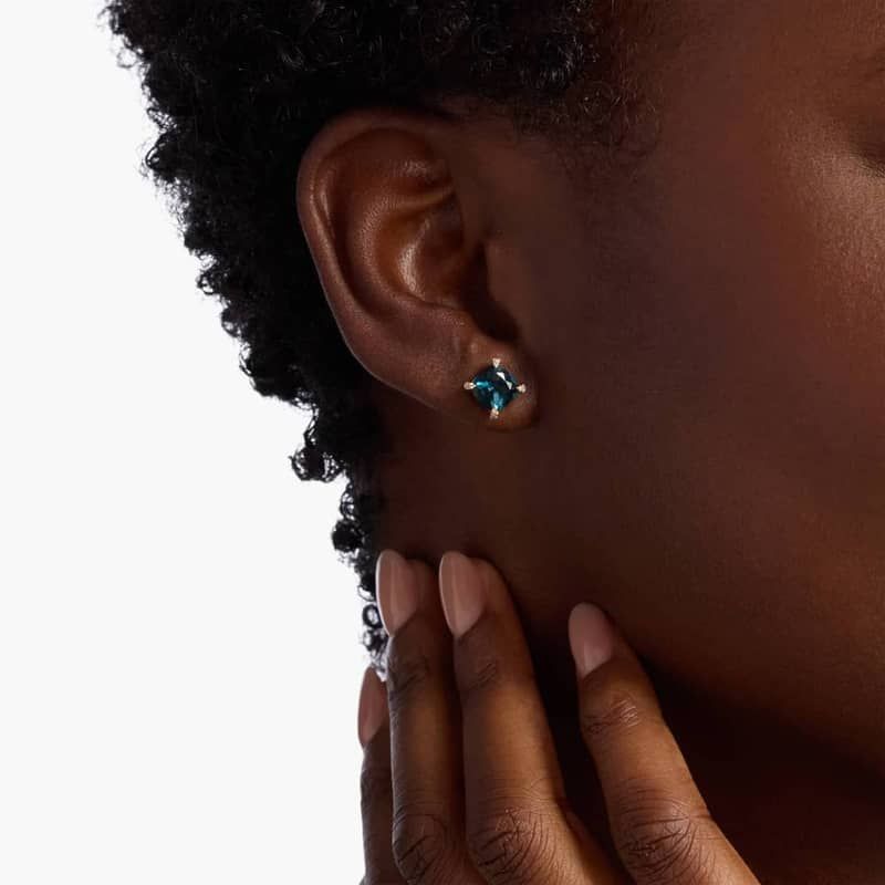 Cushion Cut Blue Topaz and Diamond Accent Earrings in 14k Yellow Gold (7mm)