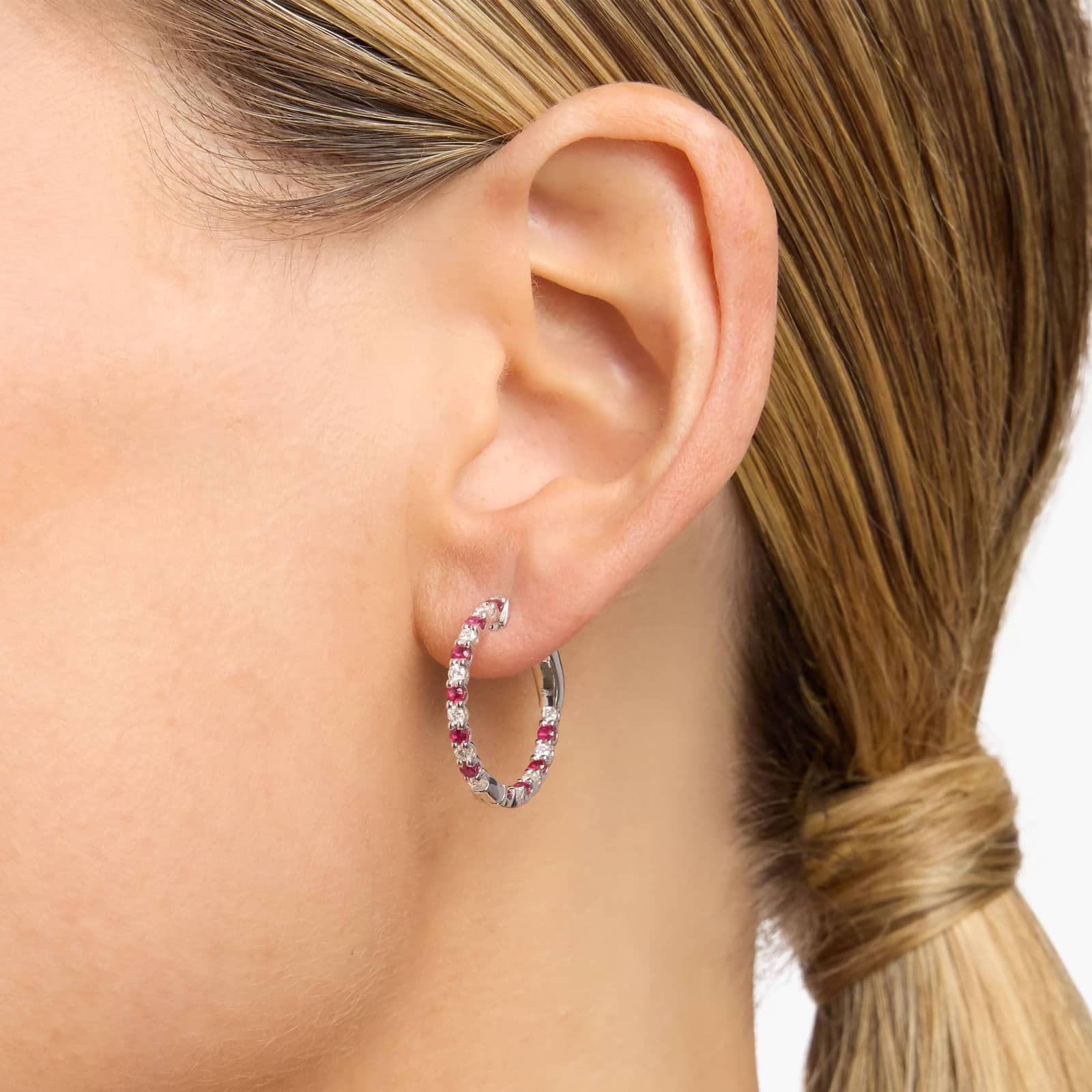 Luna Ruby and Diamond Eternity Hoop Earrings in 14k White Gold (1/2 Ct. Tw.)