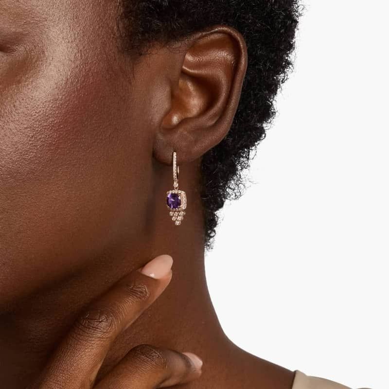 Cushion Cut Amethyst and Diamond Drop Earrings in 14k Rose Gold