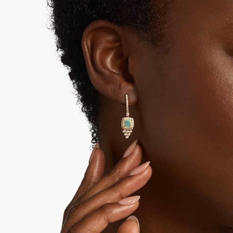 Cushion Cut Opal and Diamond Drop Earrings in 14k Rose Gold