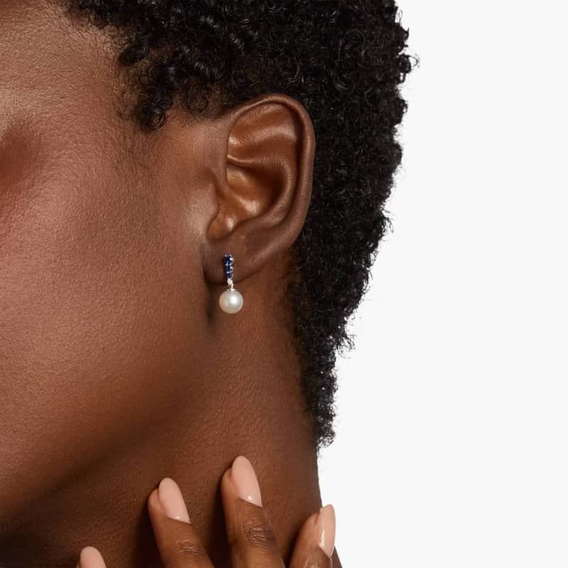 Akoya Pearl and Sapphire Drop Earrings in 14k White Gold