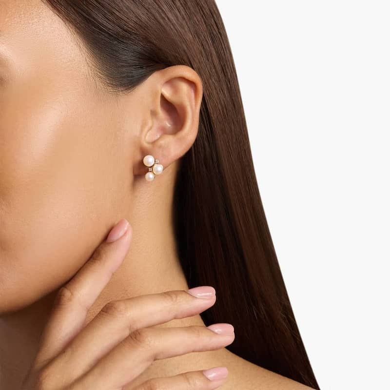 Pearl and Diamond Cluster Stud Earring in 14k Yellow Gold