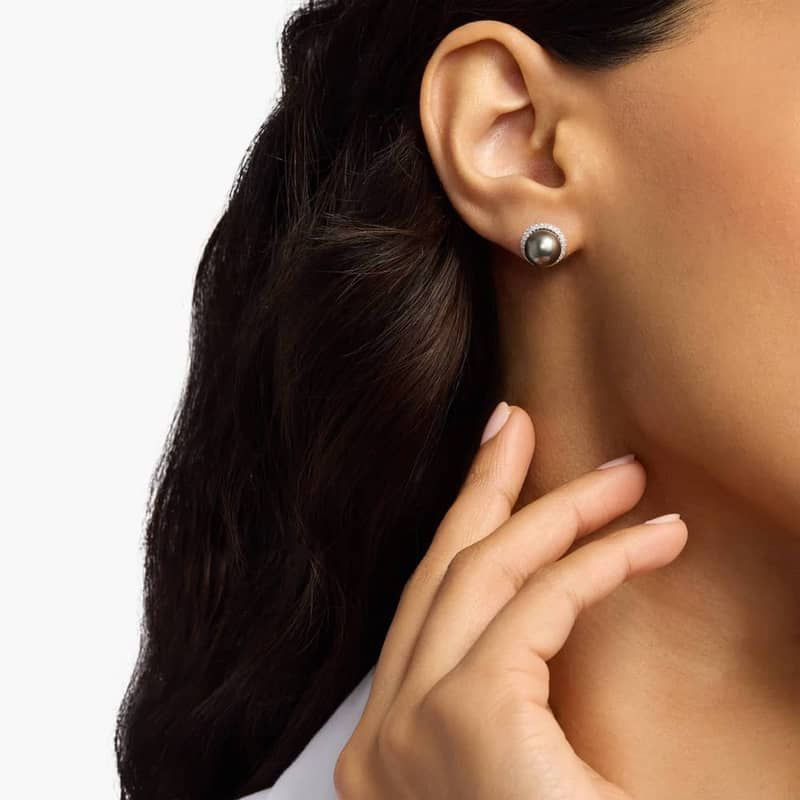 Tahitian Cultured Pearl and Diamond Halo Stud Earrings in 14k White Gold (8.0-9.0mm)