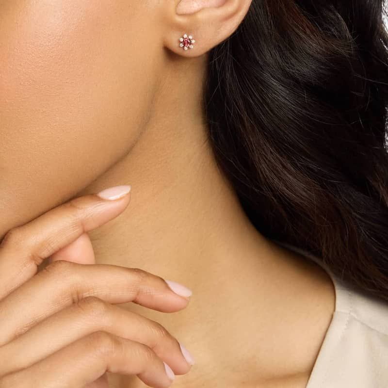 Mini Garnet Earrings with Diamond Blossom Halo in 14k Yellow Gold (3.5mm)