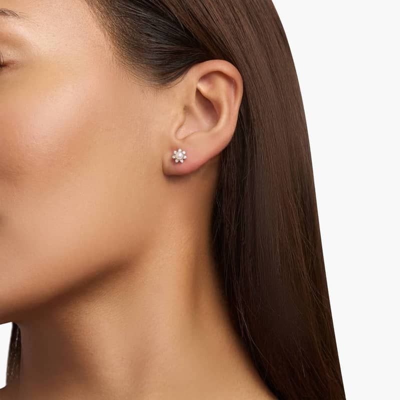 Mini Freshwater Pearl Earrings with Diamond Blossom Halo in 14k White Gold