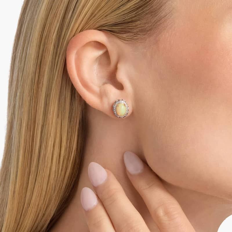 Oval Opal Earrings with Blue Topaz and White Sapphire Halo in 14k Rose Gold